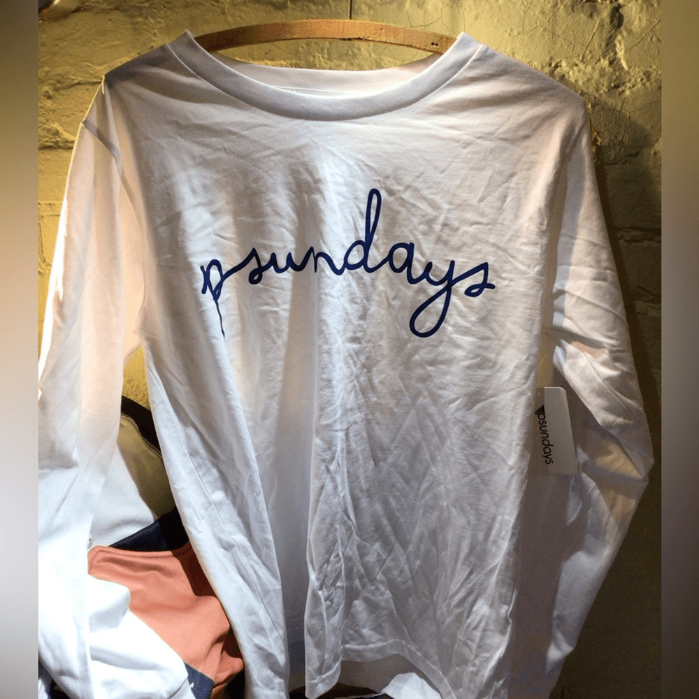 NEw! Psundays White Tee with Blue Script